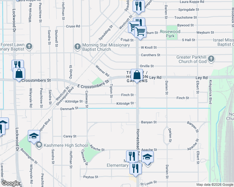 map of restaurants, bars, coffee shops, grocery stores, and more near 6832 Finch Street in Houston