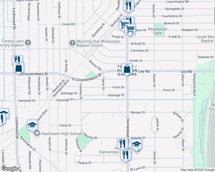 map of restaurants, bars, coffee shops, grocery stores, and more near 6832 Finch Street in Houston