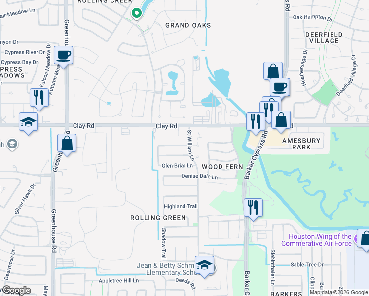 map of restaurants, bars, coffee shops, grocery stores, and more near 18718 Trail Bend Lane in Houston