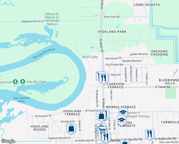 map of restaurants, bars, coffee shops, grocery stores, and more near 203 Riverside Street in Highlands
