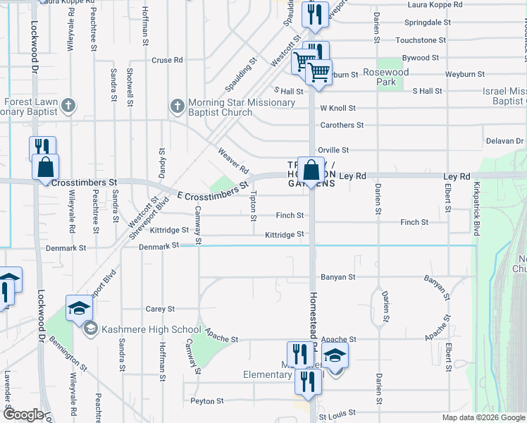 map of restaurants, bars, coffee shops, grocery stores, and more near 6832 Finch Street in Houston