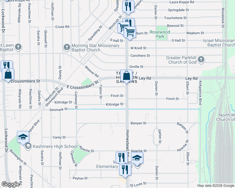 map of restaurants, bars, coffee shops, grocery stores, and more near 6932 Finch Street in Houston