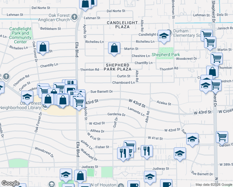 map of restaurants, bars, coffee shops, grocery stores, and more near 1006 West 43rd Street in Houston
