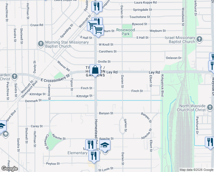 map of restaurants, bars, coffee shops, grocery stores, and more near 7119 Finch Street in Houston
