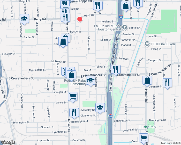 map of restaurants, bars, coffee shops, grocery stores, and more near 3118 East Crosstimbers Street in Houston