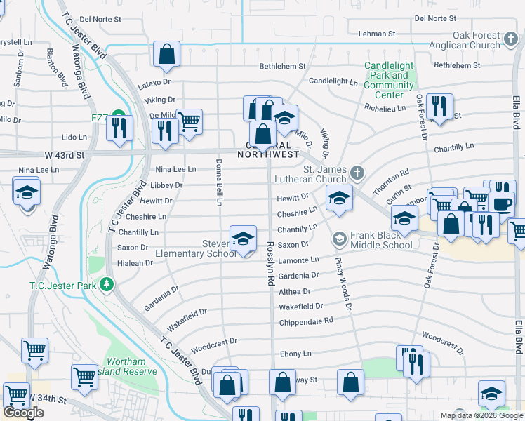 map of restaurants, bars, coffee shops, grocery stores, and more near 1803 Cheshire Lane in Houston