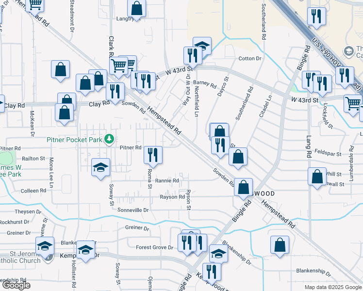 map of restaurants, bars, coffee shops, grocery stores, and more near 12407 Sowden Road in Houston