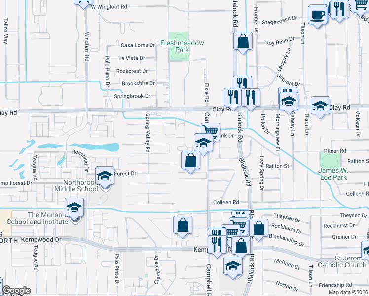 map of restaurants, bars, coffee shops, grocery stores, and more near 4014 Clarblak Lane in Houston