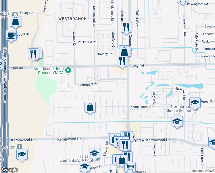map of restaurants, bars, coffee shops, grocery stores, and more near 3034 Stetson Lane in Houston