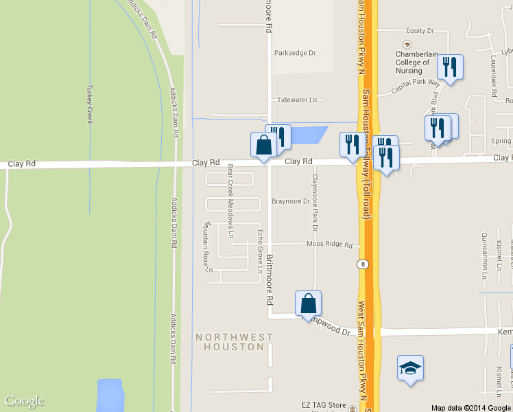 map of restaurants, bars, coffee shops, grocery stores, and more near 11839 South Fairhollow Lane in Houston