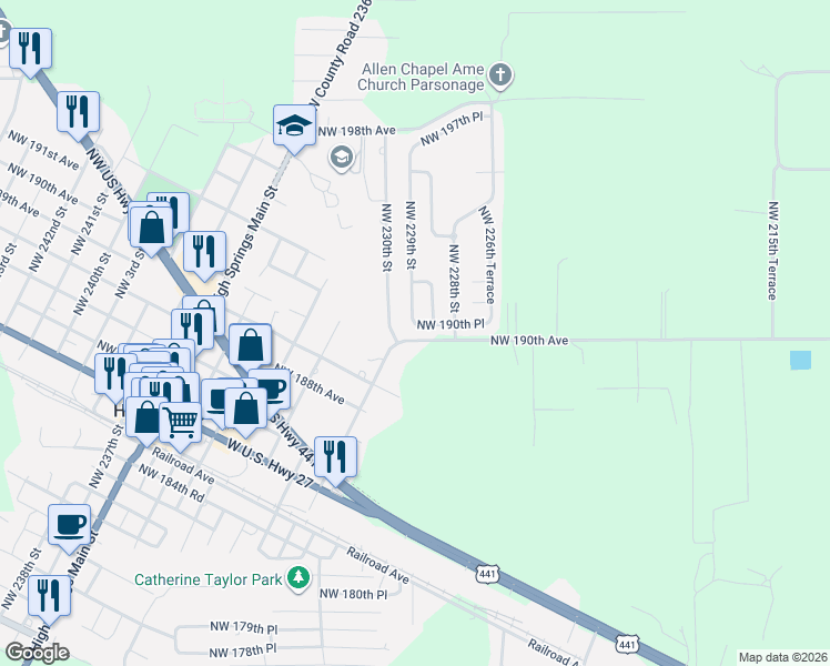 map of restaurants, bars, coffee shops, grocery stores, and more near 22881 Northwest 190th Place in High Springs