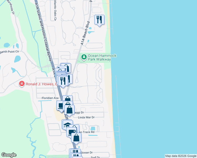 map of restaurants, bars, coffee shops, grocery stores, and more near 668 Ocean Palm Way in St. Augustine