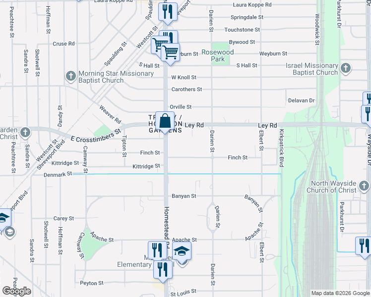 map of restaurants, bars, coffee shops, grocery stores, and more near 7119 Finch Street in Houston