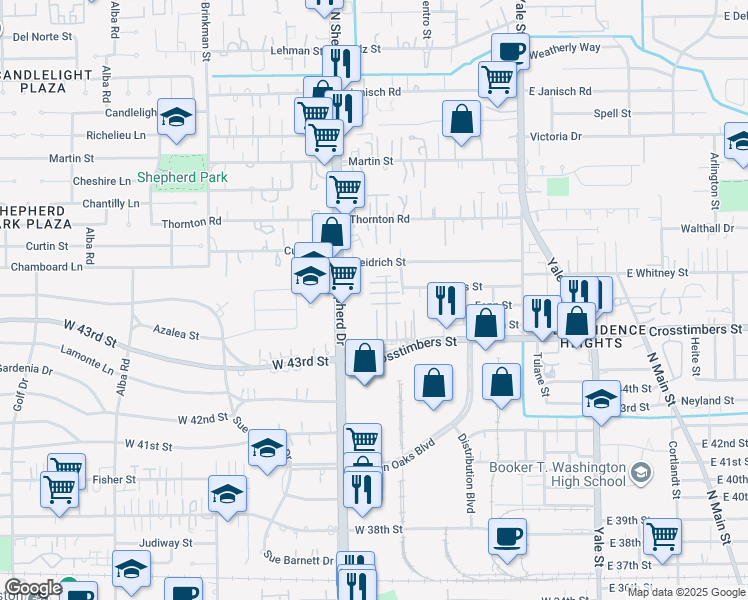 map of restaurants, bars, coffee shops, grocery stores, and more near 650 Westcross Street in Houston