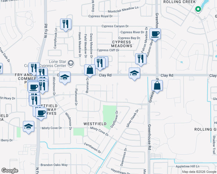 map of restaurants, bars, coffee shops, grocery stores, and more near 3927 Meadow Lilly Lane in Katy