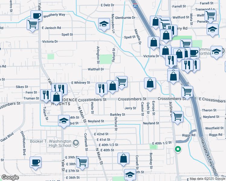 map of restaurants, bars, coffee shops, grocery stores, and more near 525 Crosstimbers Street in Houston