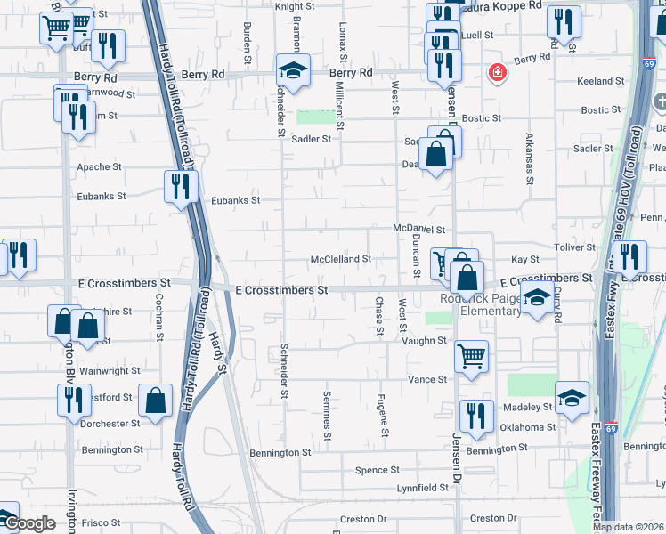 map of restaurants, bars, coffee shops, grocery stores, and more near 2009 East Crosstimbers Street in Houston