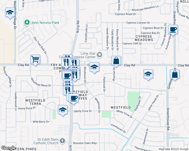 map of restaurants, bars, coffee shops, grocery stores, and more near 19711 Clay Road in Katy