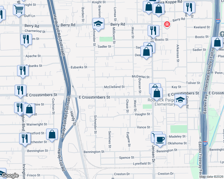 map of restaurants, bars, coffee shops, grocery stores, and more near 2009 East Crosstimbers Street in Houston