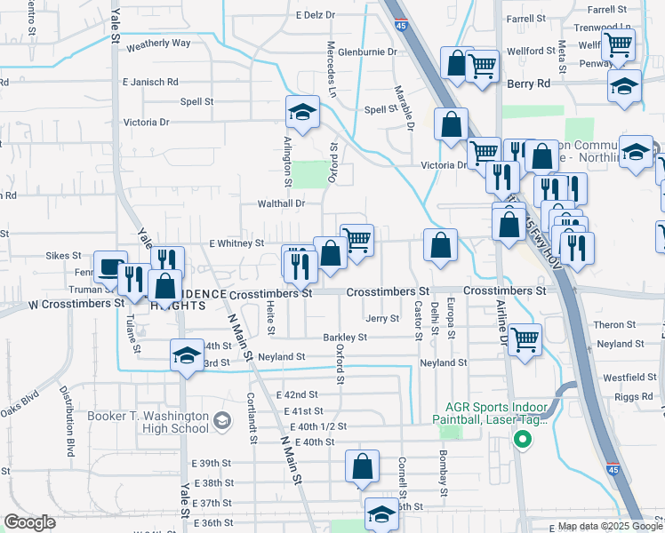 map of restaurants, bars, coffee shops, grocery stores, and more near 525 Crosstimbers Street in Houston