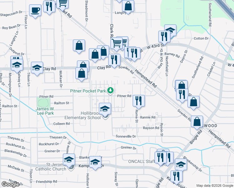 map of restaurants, bars, coffee shops, grocery stores, and more near 8655 Pitner Road in Houston