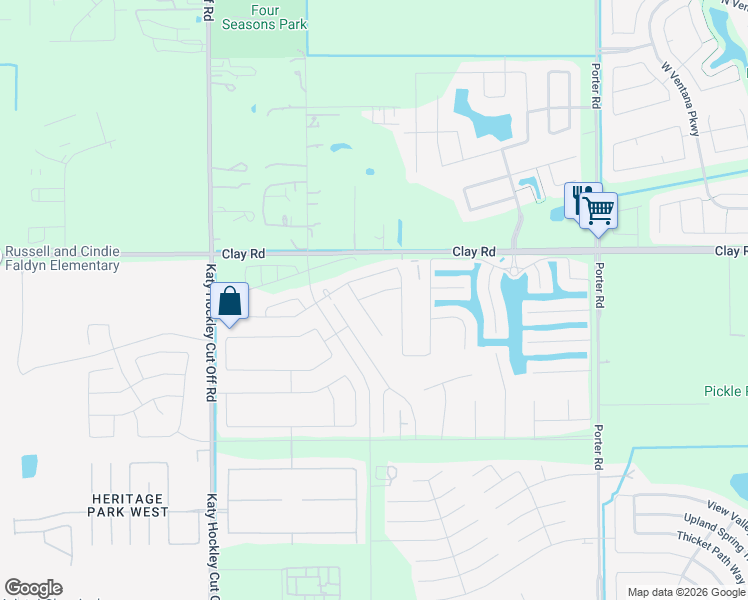 map of restaurants, bars, coffee shops, grocery stores, and more near 3806 Giorgio Pastel Place in Katy