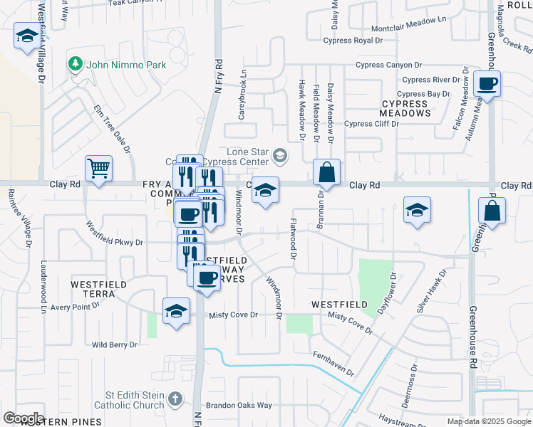 map of restaurants, bars, coffee shops, grocery stores, and more near 19711 Clay Road in Katy