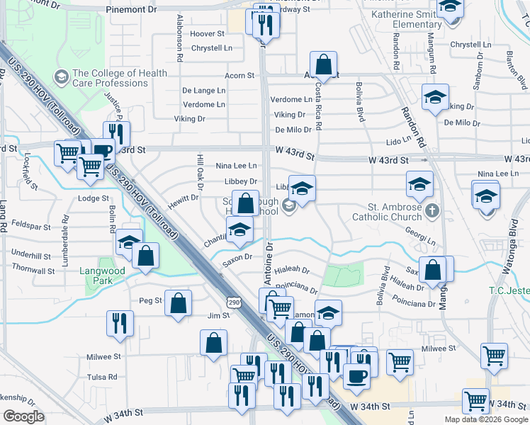 map of restaurants, bars, coffee shops, grocery stores, and more near Antoine Drive in Houston