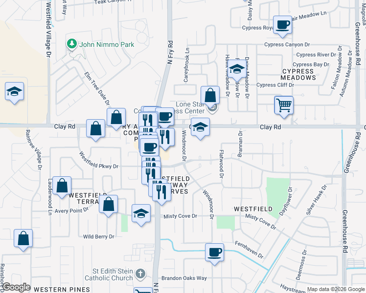 map of restaurants, bars, coffee shops, grocery stores, and more near 3663 Windmoor Drive in Katy