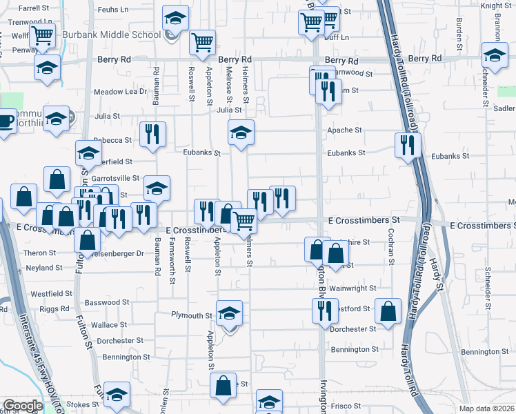 map of restaurants, bars, coffee shops, grocery stores, and more near in Houston