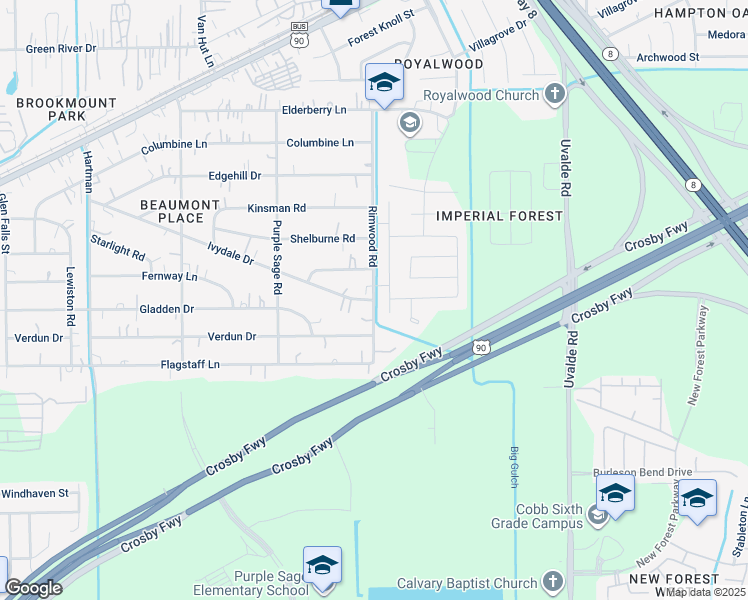 map of restaurants, bars, coffee shops, grocery stores, and more near 7300 Rimwood Road in Houston