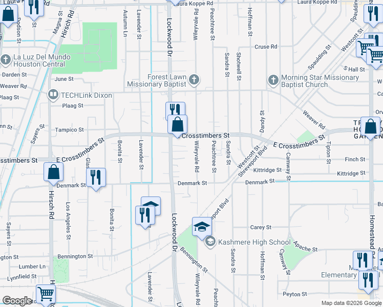 map of restaurants, bars, coffee shops, grocery stores, and more near 7611 Wileyvale Road in Houston