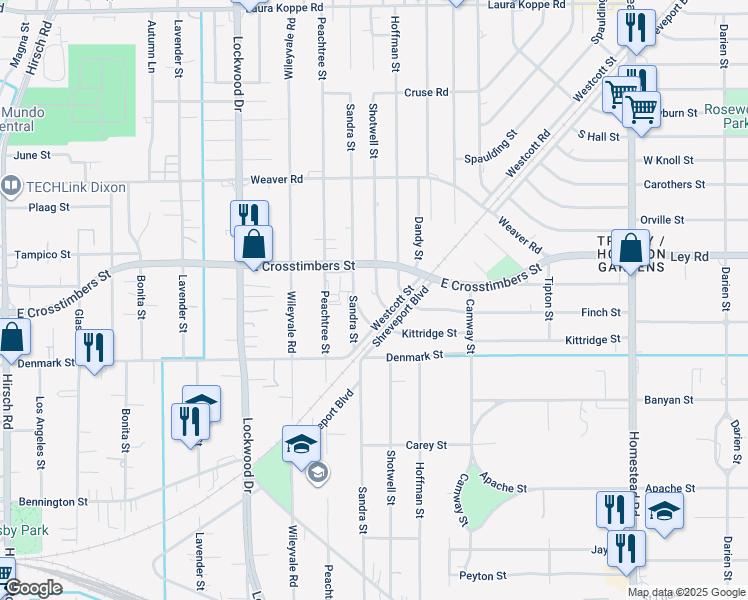 map of restaurants, bars, coffee shops, grocery stores, and more near 7602 Sandradale Street in Houston