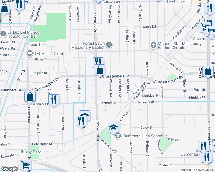 map of restaurants, bars, coffee shops, grocery stores, and more near 7611 Wileyvale Road in Houston