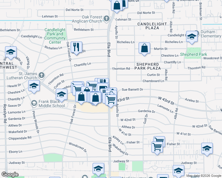 map of restaurants, bars, coffee shops, grocery stores, and more near 4338 Ella Boulevard in Houston