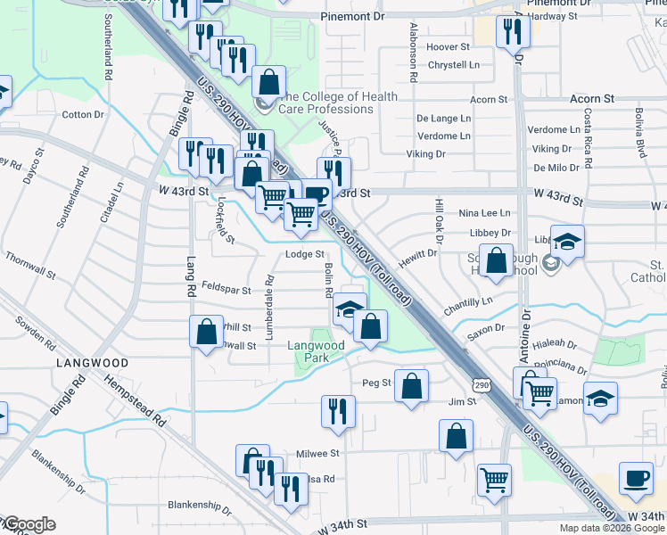 map of restaurants, bars, coffee shops, grocery stores, and more near 6310 Lodge Street in Houston