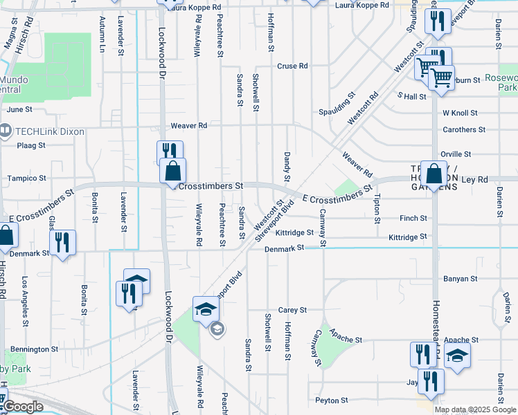 map of restaurants, bars, coffee shops, grocery stores, and more near 7720 Shotwell Street in Houston