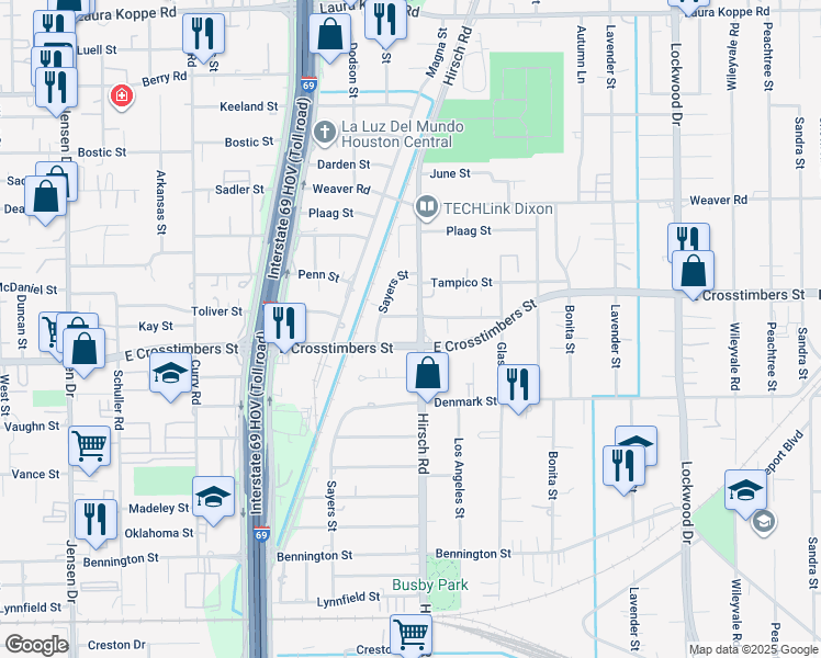 map of restaurants, bars, coffee shops, grocery stores, and more near 4117 Toliver Street in Houston