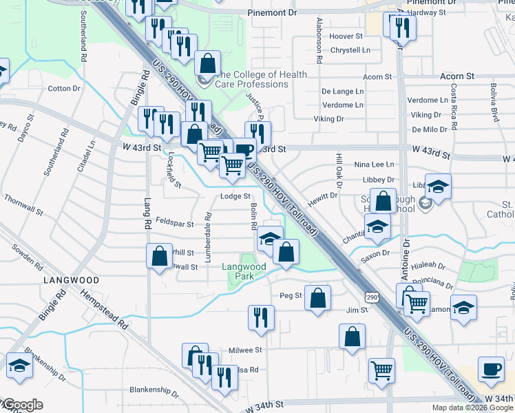 map of restaurants, bars, coffee shops, grocery stores, and more near 6310 Lodge Street in Houston