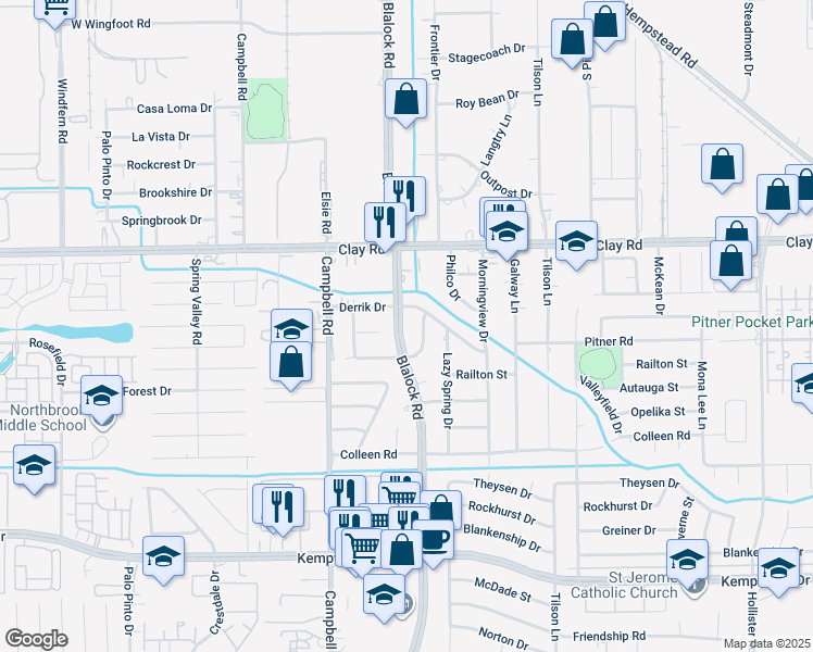 map of restaurants, bars, coffee shops, grocery stores, and more near 9330 Derrik Drive in Houston