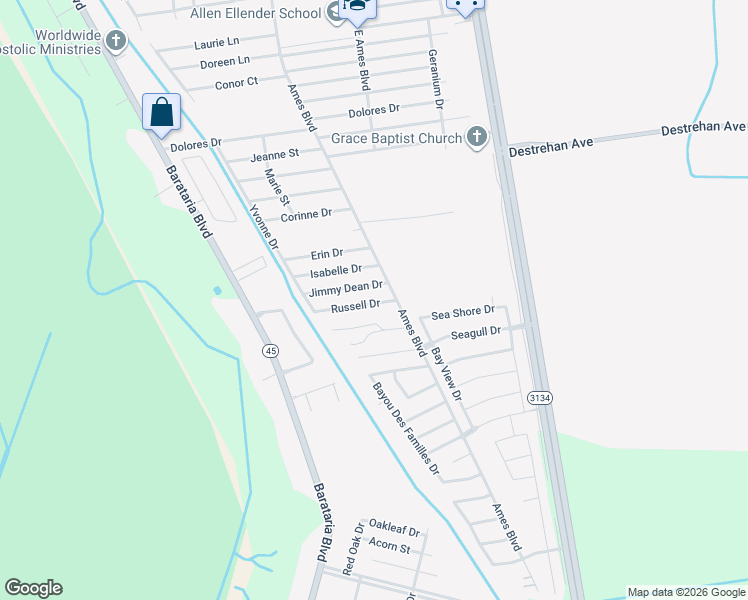 map of restaurants, bars, coffee shops, grocery stores, and more near 2704 Jimmy Dean Drive in Marrero