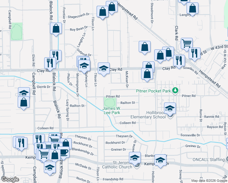 map of restaurants, bars, coffee shops, grocery stores, and more near 9030 Springview Lane in Houston