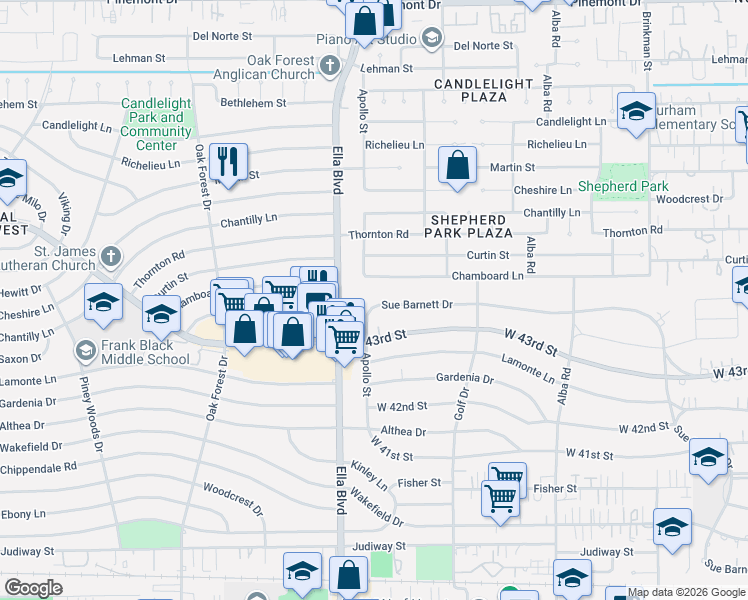map of restaurants, bars, coffee shops, grocery stores, and more near 1187 Chamboard Lane in Houston
