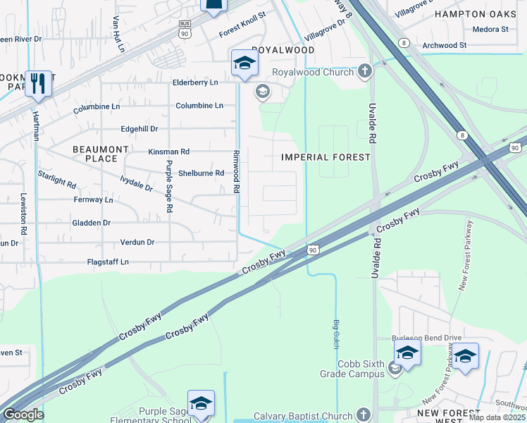 map of restaurants, bars, coffee shops, grocery stores, and more near 7300-7348 Rimwood Road in Houston