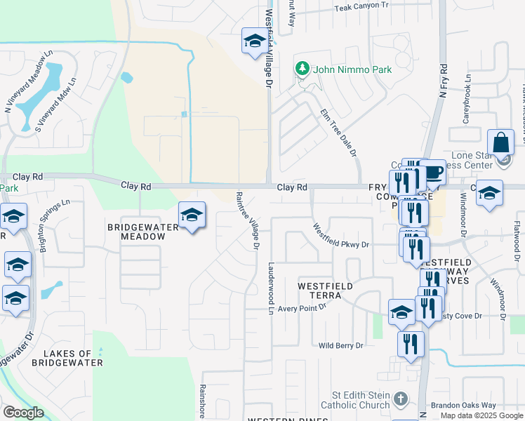 map of restaurants, bars, coffee shops, grocery stores, and more near 20607 Laurel Rain Court in Katy