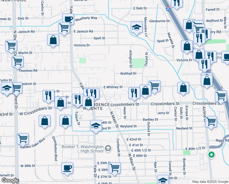 map of restaurants, bars, coffee shops, grocery stores, and more near 122 East Whitney Street in Houston
