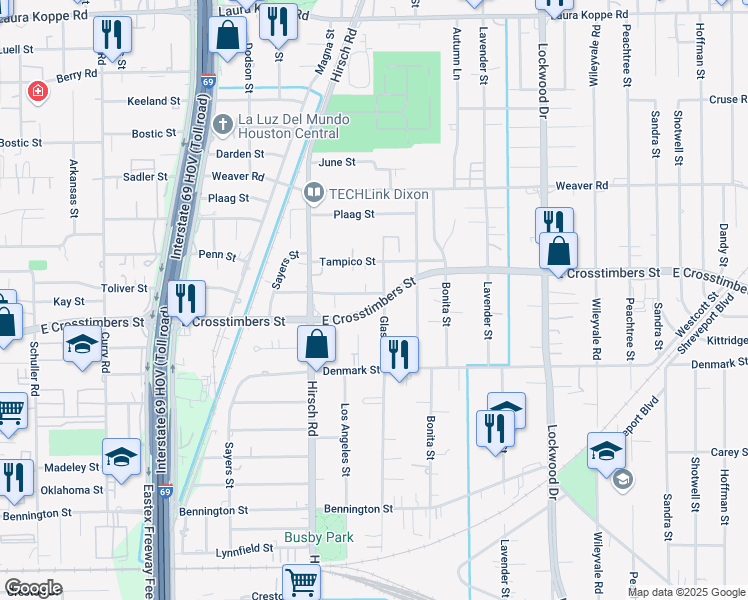 map of restaurants, bars, coffee shops, grocery stores, and more near 4325 Toliver Street in Houston