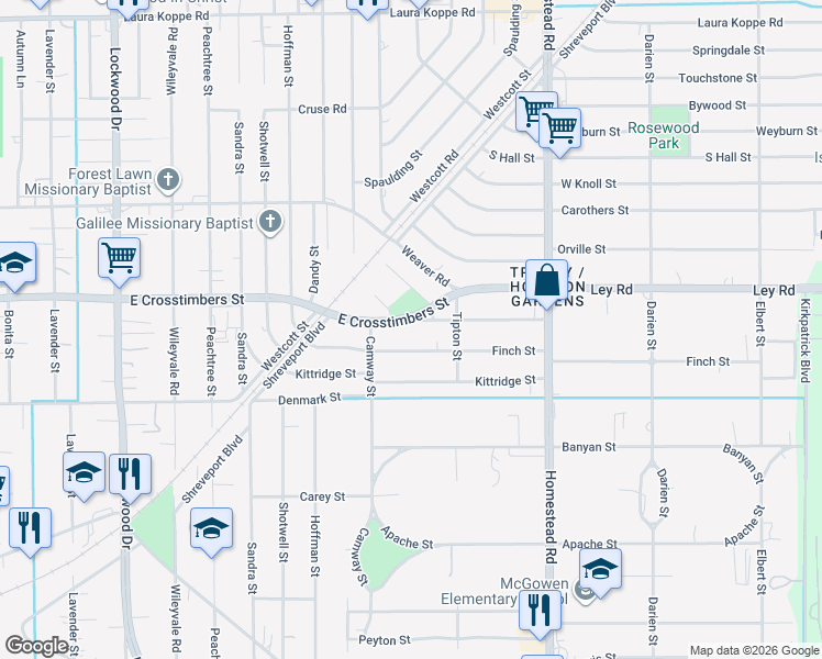 map of restaurants, bars, coffee shops, grocery stores, and more near 6714 Landor Street in Houston