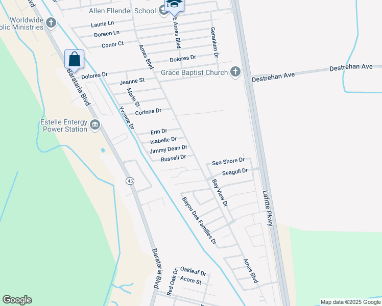 map of restaurants, bars, coffee shops, grocery stores, and more near 2700 Russell Drive in Marrero