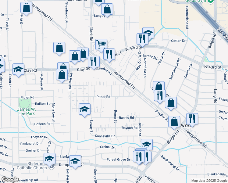 map of restaurants, bars, coffee shops, grocery stores, and more near 8600 Pitner Road in Houston